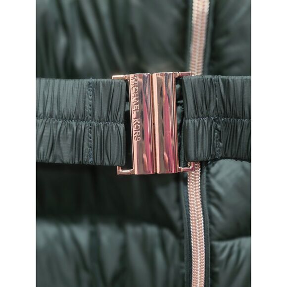 Michael Kors Green Longline Belted Puffer Coat Removable Faux Fur Collar Size M - Picture 9 of 16